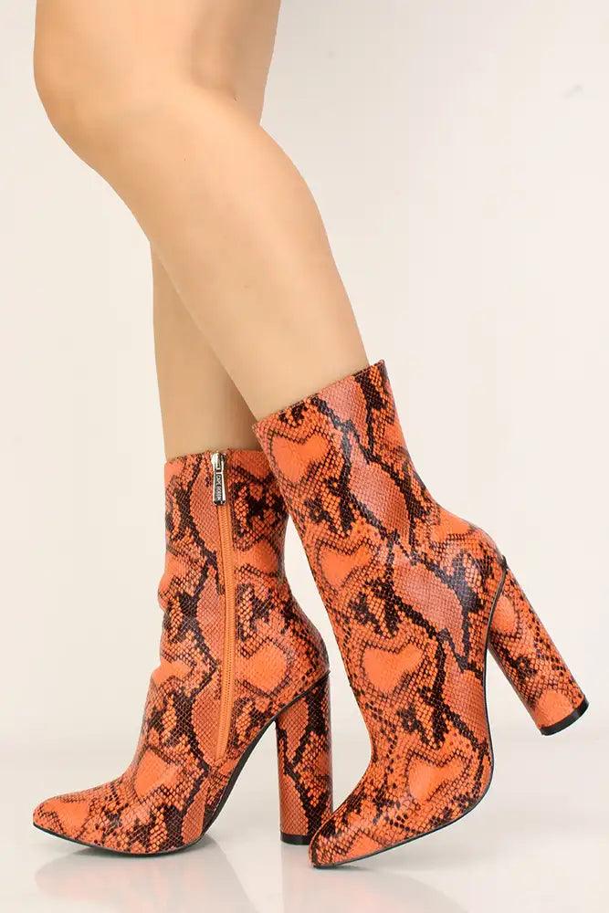 Orange Snake Print Pointy Toe Chunky Heel Booties - AMIClubwear