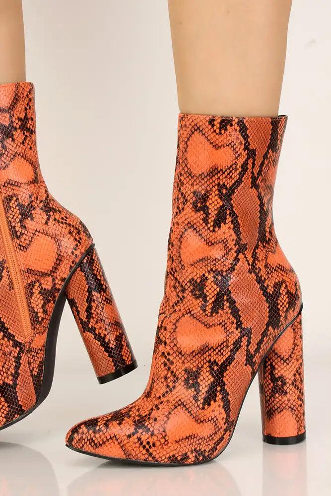 Orange Snake Print Pointy Toe Chunky Heel Booties - AMIClubwear