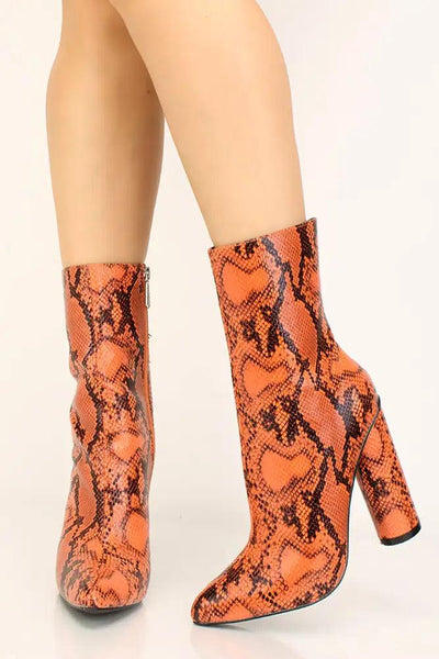 Orange Snake Print Pointy Toe Chunky Heel Booties - AMIClubwear