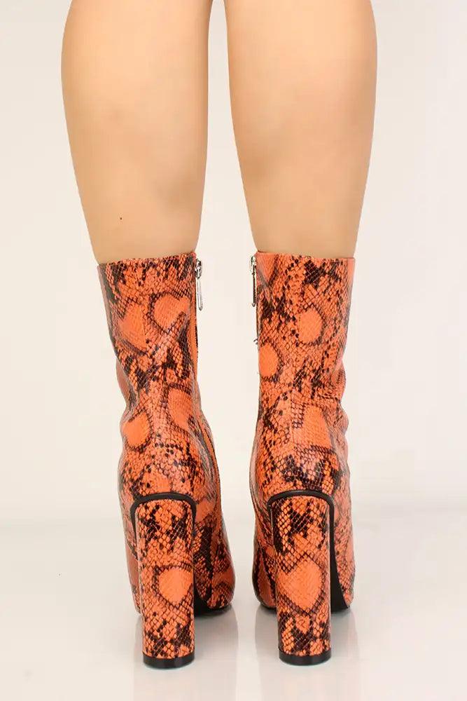 Orange Snake Print Pointy Toe Chunky Heel Booties - AMIClubwear