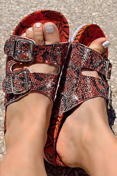 Orange Snake Print Rhinestone Accent Sandals - AMIClubwear