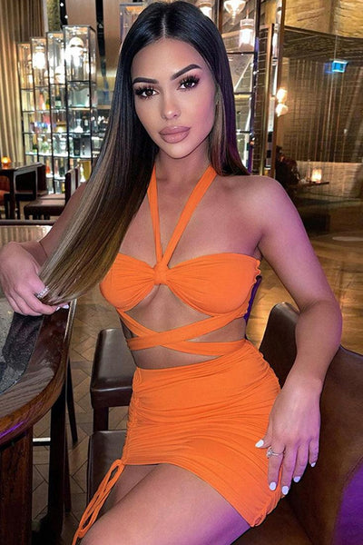 Orange Strappy Halter Ruched Sleeveless Sexy Party Dress - AMIClubwear