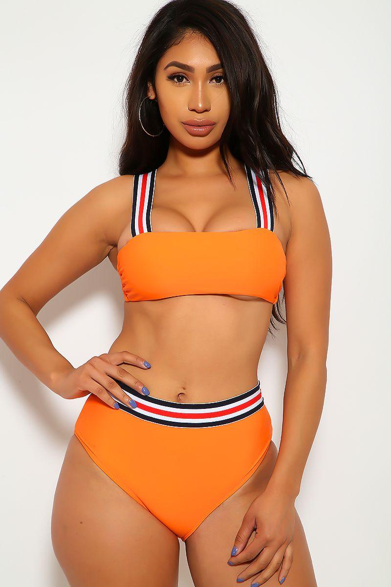 Orange Striped Mid Rise Two Piece Swimsuit - AMIClubwear