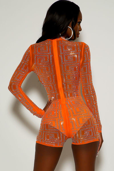 Orange Studded Long Sleeve Mesh Romper - AMIClubwear