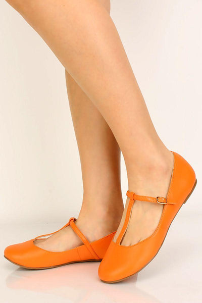 Orange T-Strap Casual Flats - AMIClubwear