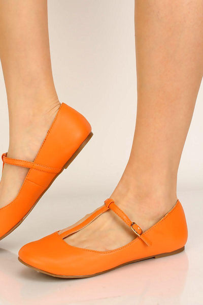 Orange T-Strap Casual Flats - AMIClubwear