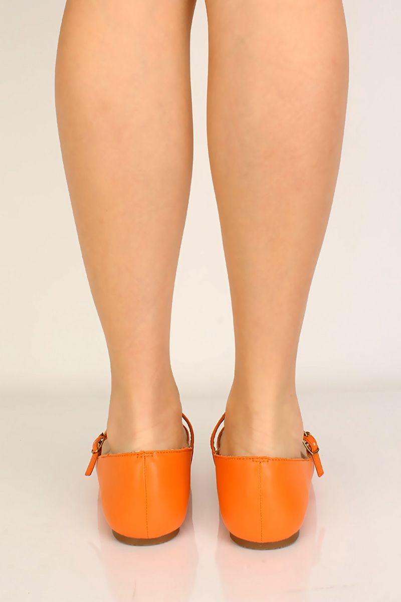 Orange T-Strap Casual Flats - AMIClubwear