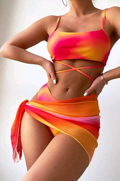 Orange Tie Dye Print Criss-Cross 3 Pc Bikini Set With Cover Up - AMIClubwear