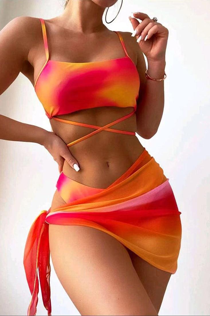 Orange Tie Dye Print Criss-Cross 3 Pc Bikini Set With Cover Up - AMIClubwear
