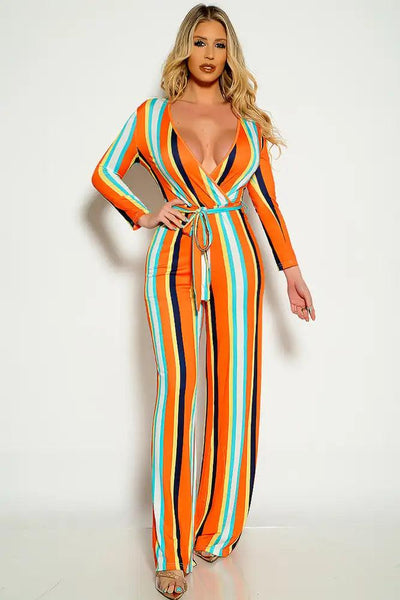 Orange Two Tone Striped Long Sleeve Flared Leg Belted Jumpsuit - AMIClubwear