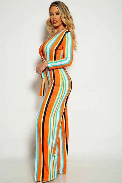 Orange Two Tone Striped Long Sleeve Flared Leg Belted Jumpsuit - AMIClubwear