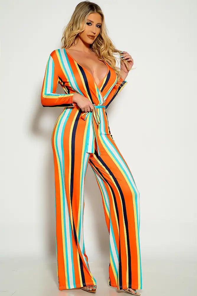 Orange Two Tone Striped Long Sleeve Flared Leg Belted Jumpsuit - AMIClubwear