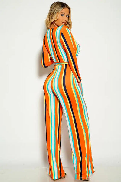 Orange Two Tone Striped Long Sleeve Flared Leg Belted Jumpsuit - AMIClubwear