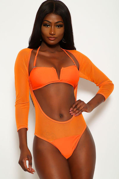 Orange V-Wire Long Sleeves Two Piece Swimsuit - AMIClubwear