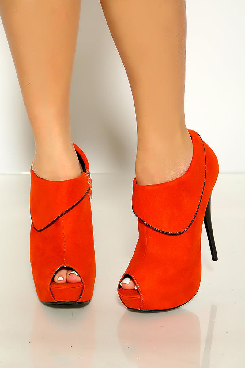 Orange Velvet Peep Toe Zip Up Stiletto Heels - AMIClubwear