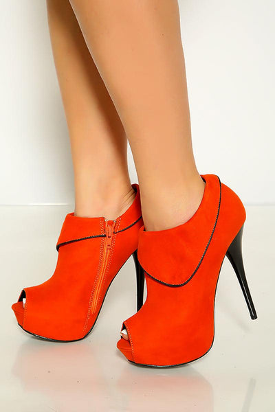 Orange Velvet Peep Toe Zip Up Stiletto Heels - AMIClubwear