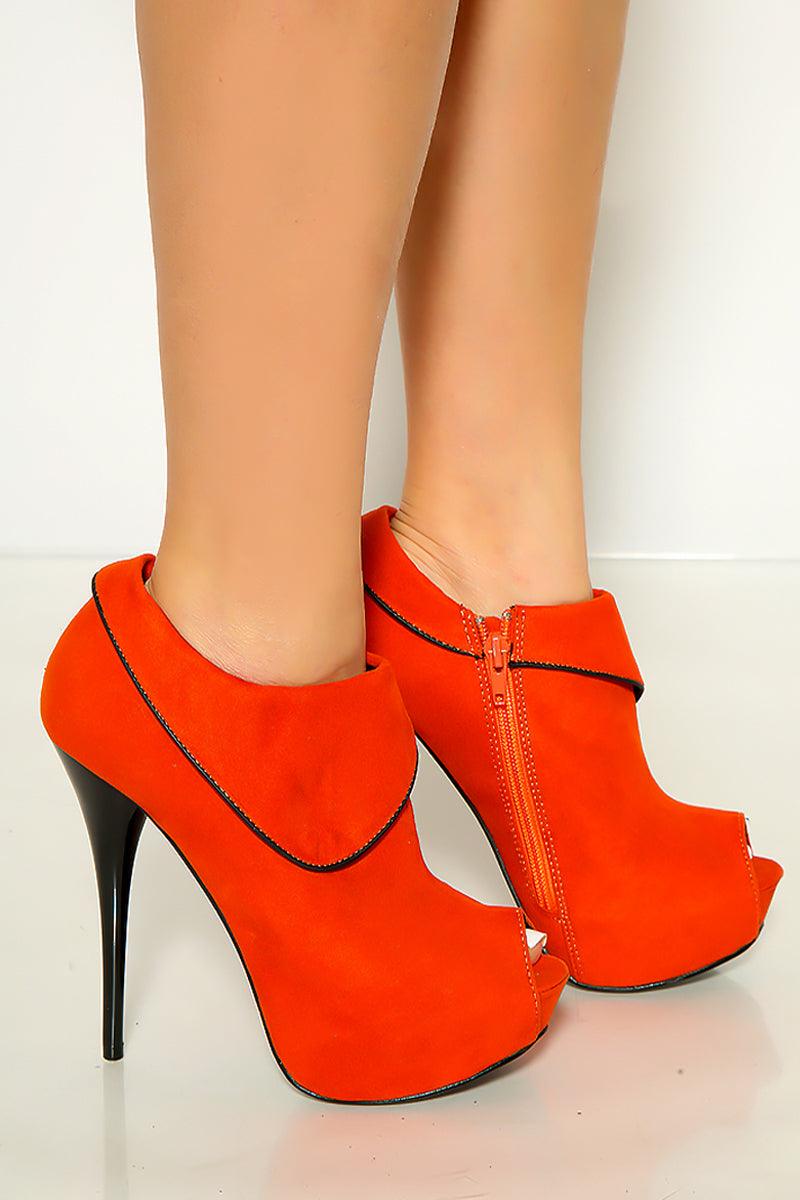 Orange Velvet Peep Toe Zip Up Stiletto Heels - AMIClubwear