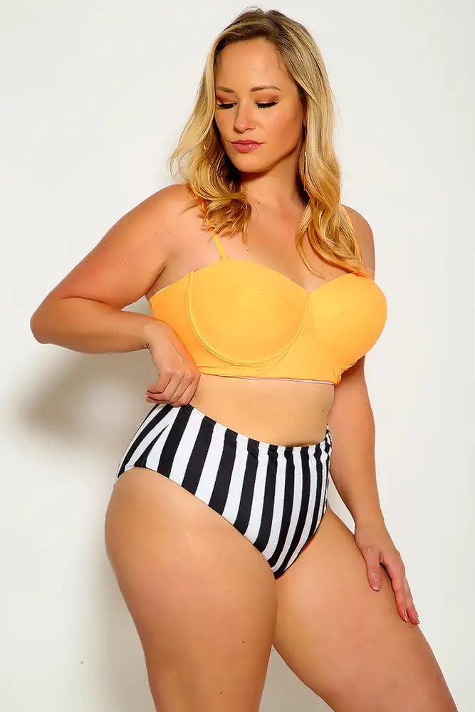 Orange White Black Sleeveless Padded High Waist Plus Size Two Piece Swimsuit - AMIClubwear