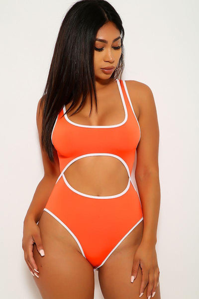 Orange White Cut Out One Piece Swimsuit - AMIClubwear