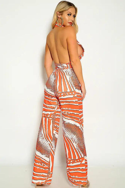 Orange White Halter Cross Strap Flared Leg Two Piece Outfit - AMIClubwear