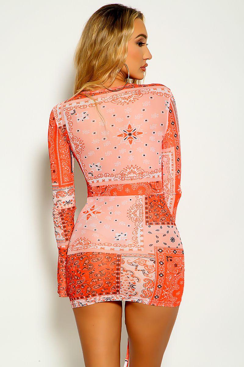 Orange White Paisley Print Long Sleeve Mesh Ruched Dress - AMIClubwear