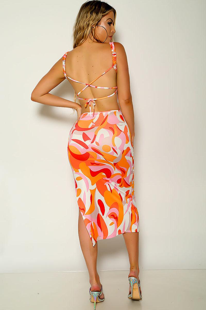 Orange White Printed Lace Up Sleeveless Party Dress - AMIClubwear