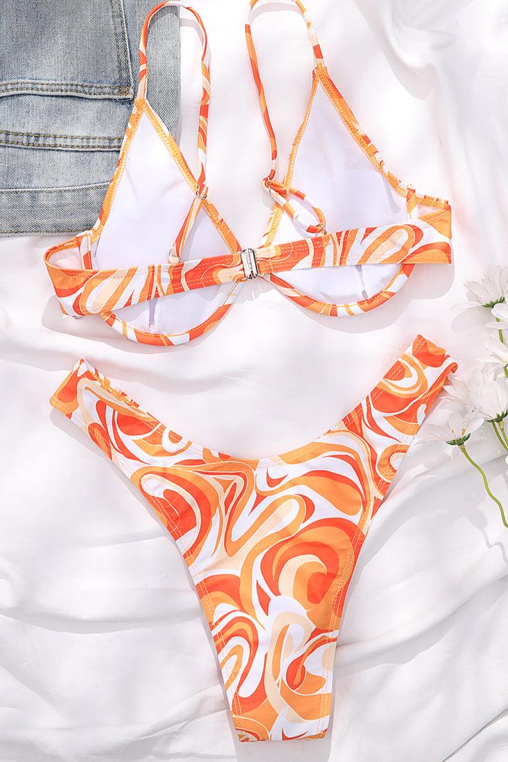 Orange White U Underwire Printed Sexy Two Piece Swimsuit - AMIClubwear