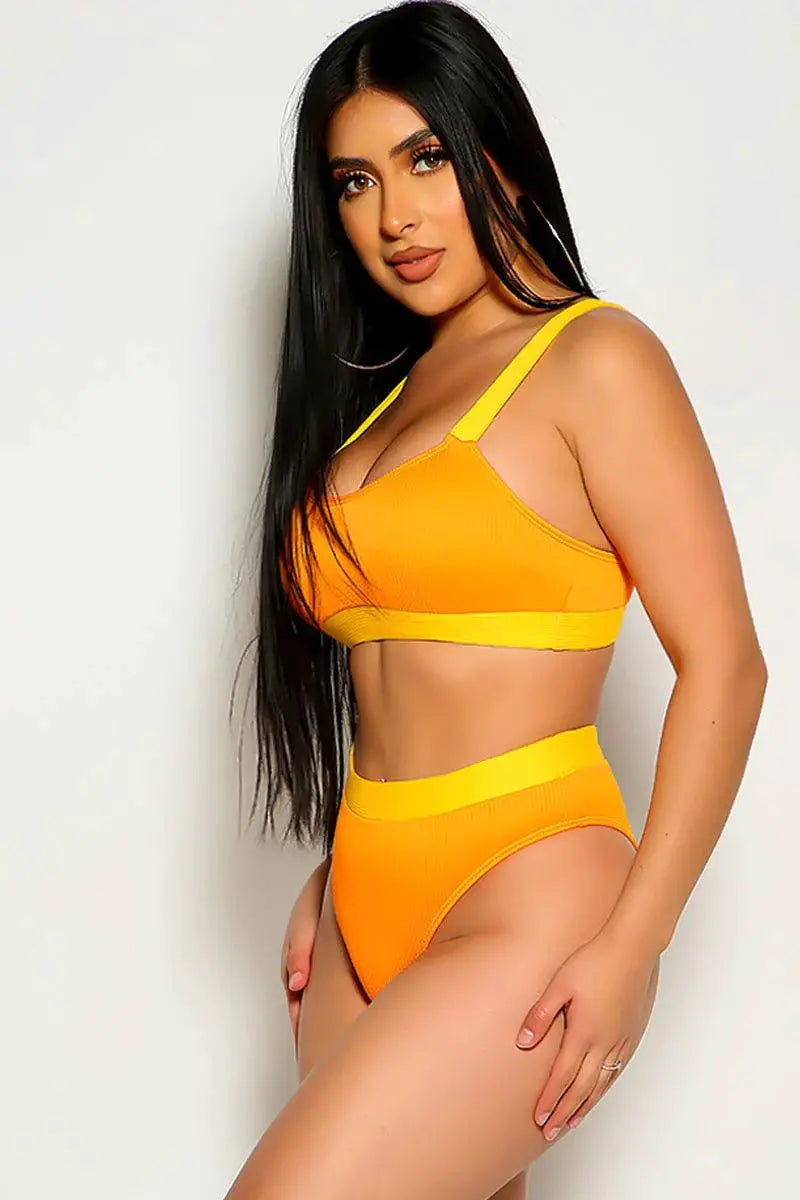 Orange Yellow Ribbed Bikini Top & High Waisted Bottom 2 Pc Set