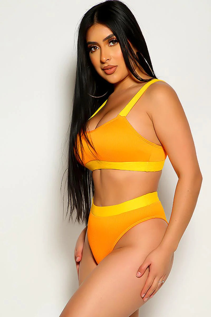 Orange Yellow Ribbed Bikini Top & High Waisted Bottom 2 Pc Set - AMIClubwear