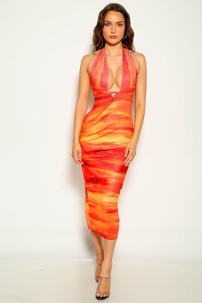 Orange Yellow Sleeveless Printed Maxi Party Dress - AMIClubwear