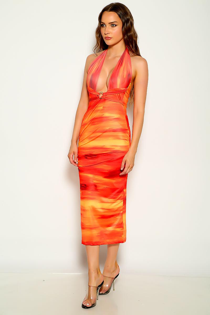 Orange Yellow Sleeveless Printed Maxi Party Dress - AMIClubwear