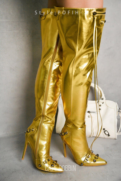 POFIN-2 - GOLD Thigh High Boots