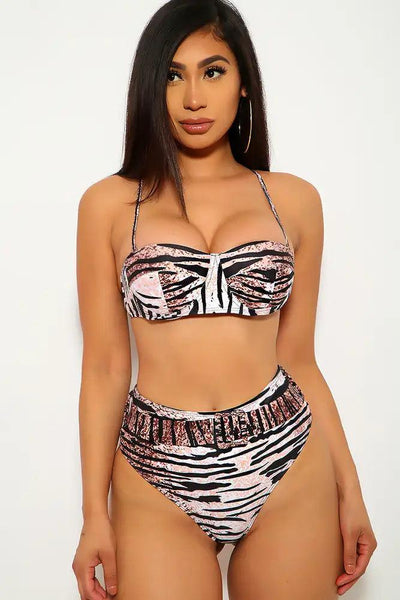 Peach Black Zebra Print Two Piece Swimsuit - AMIClubwear