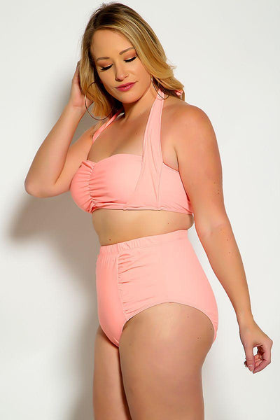 Peach Bold Halter Top Ruched High Waist Two Piece Swimsuit Plus - AMIClubwear