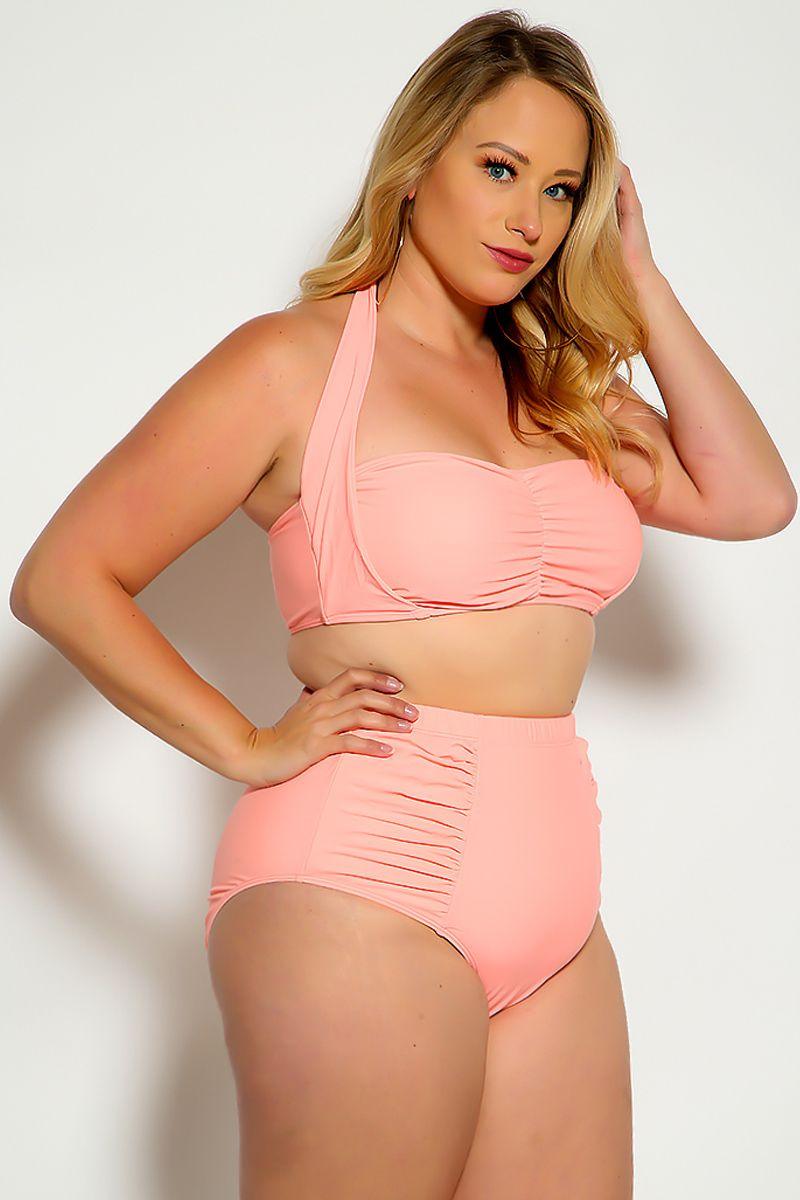 Peach Bold Halter Top Ruched High Waist Two Piece Swimsuit Plus - AMIClubwear