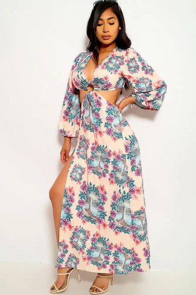 Peach Floral Print O-Ring Accent Party Dress - AMIClubwear