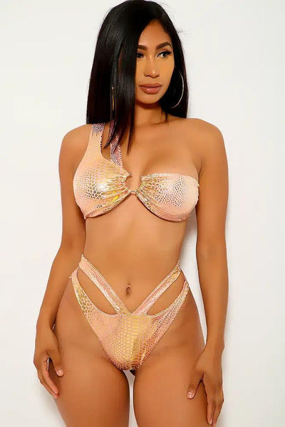 Peach Gold Metallic Two Piece Swimsuit - AMIClubwear