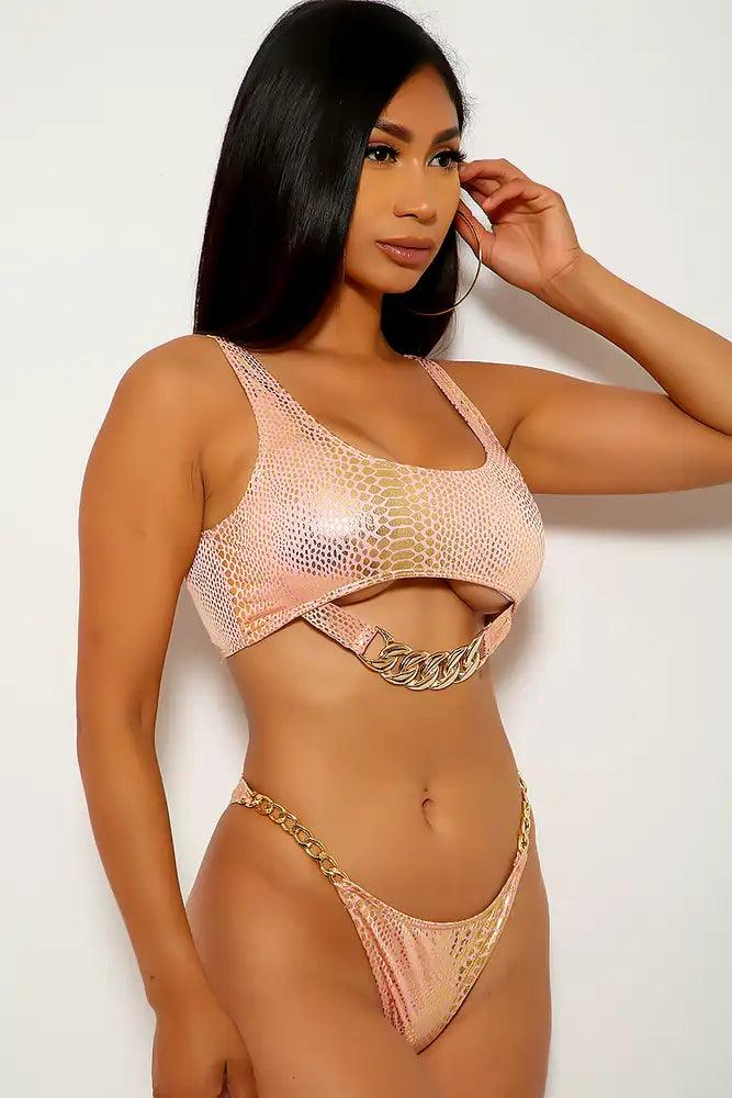 Peach Gold Snake Print Two Piece Swimsuit - AMIClubwear