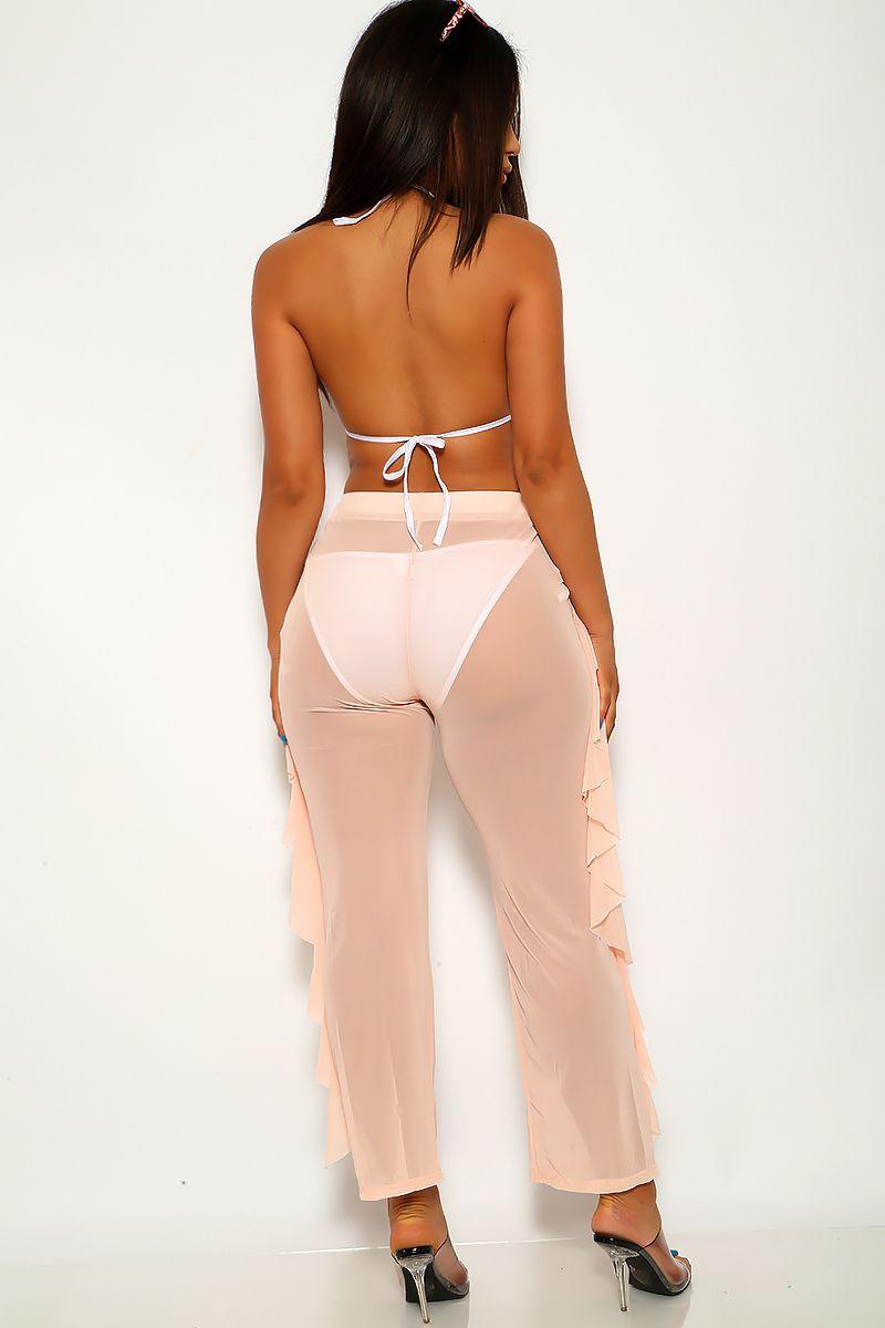 Peach Layered Ruffle Detail Three Piece Swimsuit Cover Up Pants - AMIClubwear
