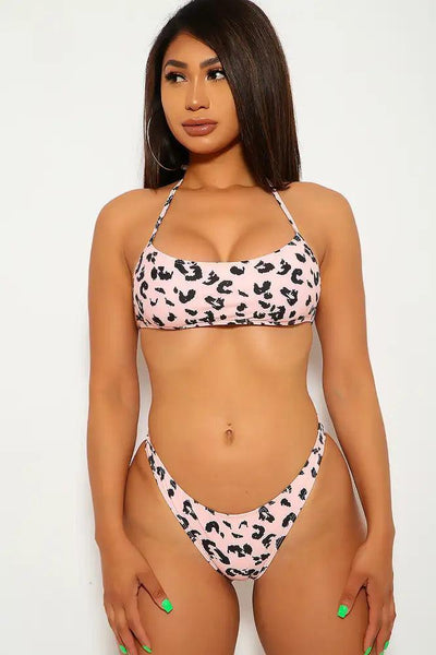Peach Leopard Three Piece Long Sleeves Swimsuit Set - AMIClubwear