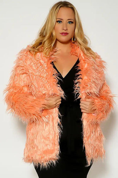 Peach Long Sleeve Shaggy Plus Size Faux Fur Coat - AMIClubwear