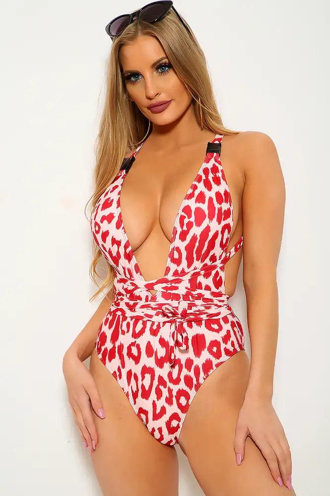 Peach Red Cheetah V-Cut Wrap One Piece Swimsuit - AMIClubwear