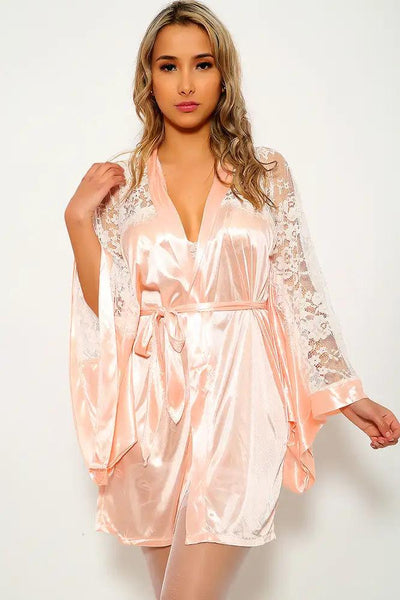 Peach White Satin Two Piece Robe Lingerie Set - AMIClubwear