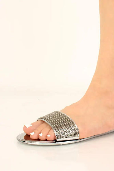 Pewter Metallic Rhinestone Accent Sandals - AMIClubwear