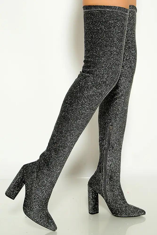 Pewter Shimmer Pointy Toe Chunky High Heel Thigh Boots - AMIClubwear