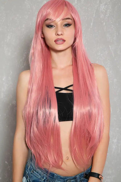 Pink 33 Inch Side Bangs Straight Hair Costume Wig - AMIClubwear