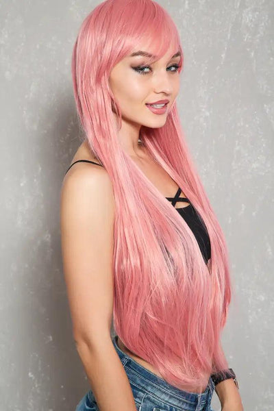 Pink 33 Inch Side Bangs Straight Hair Costume Wig - AMIClubwear