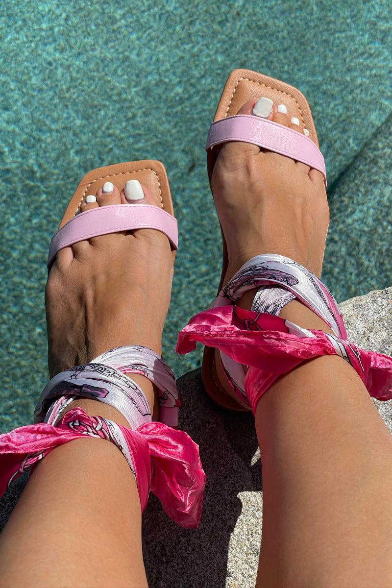 Pink Bandana Print Style Lace Up Open Toe Sandals - AMIClubwear