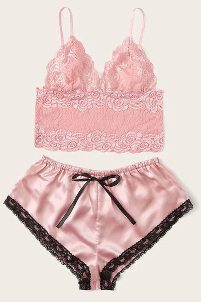 Pink Black Lace Embroidered Sleeveless Two Piece Intimate Outfit - AMIClubwear