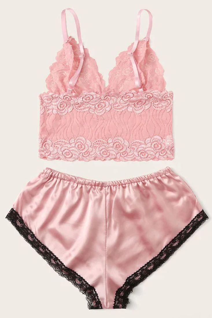 Pink Black Lace Embroidered Sleeveless Two Piece Intimate Outfit - AMIClubwear